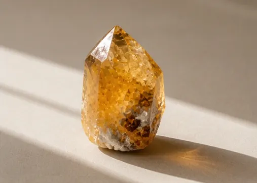 Citrine point in warm golden amber