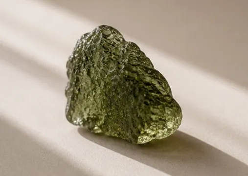 Raw moldavite in textured olive green