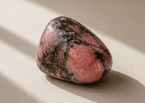 Tumbled rhodonite in pink with black veining